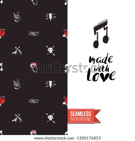 Greeting card with rock-style seamless pattern, text: made with love. Hand drawn graphic rock music attributes doodle elements. Vector template for music band, concert, party.