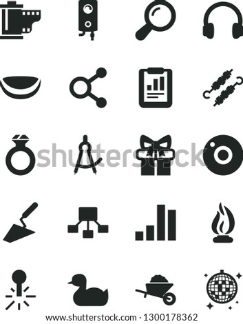 Solid Black Vector Icon Set - camera vector, roll, rubber duck, garden trolley, trowel, boiler, meat on skewers, piece of coconut, mercury thermometer, connections, bar chart, statistical report