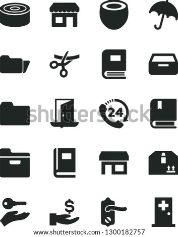 Solid Black Vector Icon Set - folder vector, e, door knob, umbrella, drawer, cardboard box, 24, canned goods, half of coconut, kiosk, stall, get a wage, book, arm with key, exit, grand opening