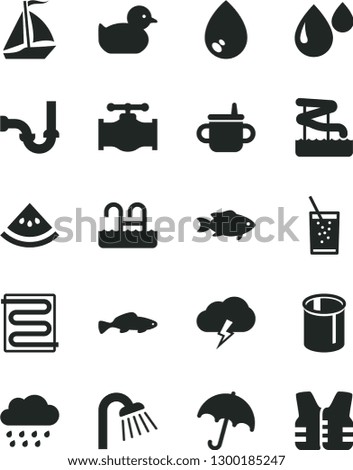 Solid Black Vector Icon Set - mug for feeding vector, baby duckling, rainy cloud, shower, sewerage, heating coil, drop, umbrella, storm, small fish, a glass of soda, slice water melon, valve, pipes