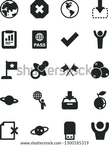 Solid Black Vector Icon Set - mark of injury vector, check, dummy, passport, put in a box, delete page, planet, move down, blueberry, blueberries, Earth, statistical report, usb flash, saturn