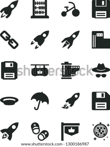 Solid Black Vector Icon Set - floppy disk vector, spectacles, hat with glasses, camera roll, tricycle, child shoes, abacus, umbrella, plate, modern gas station, vintage sign, rocket, space