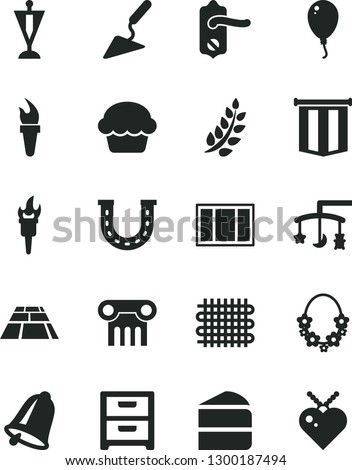 Solid Black Vector Icon Set - toys over the cradle vector, balloon, building trowel, window frame, door knob, paving slab, bell, nightstand, cake, piece of, weaving, flame torch, laurel branch, flag