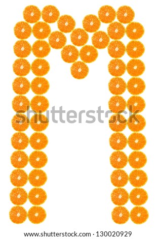 M one of 26 in English alphabet, made of fresh colorful orange fruit.