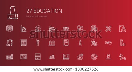 education icons set. Collection of education with atoms, mind, science book, school, bookshelf, letter, books, professor, pen, book, museum. Editable and scalable education icons.