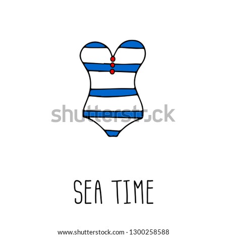 The summer striped swimsuit icon in doodle style on white background. Vector illustration of bikini can be used for tag, poster, card