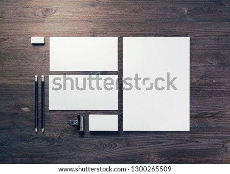 Business stationery mock-up. Blank corporate identity template on wooden background. Flat lay.