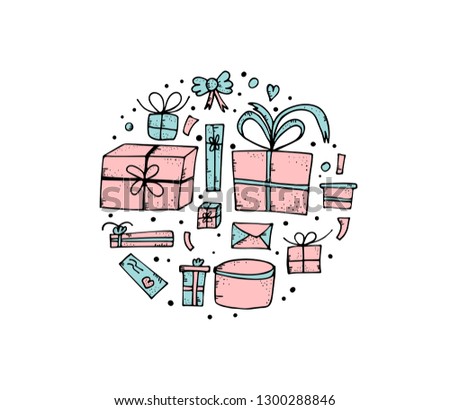 Round badge of gift boxes and package. Collection of holiday presents in doodle style. Vector conceptual illustration.