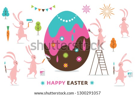 Easter scene, cute funny  bunnies painting a big Easter Egg