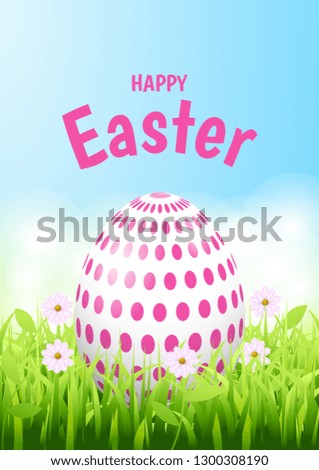 Happy easter background template with beautiful flowers, grass and eggs. Greeting Card. Vector illustration
