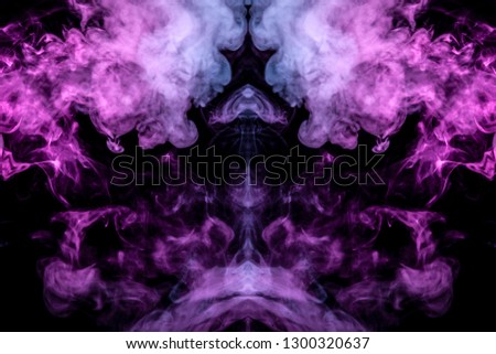 A background of red and purple wavy smoke in the shape of a ghost's headз of mystical appearance on a black isolated ground. Bright abstract pattern of steam from vape. T-shirt print.