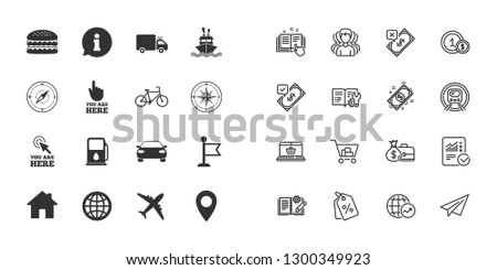 Set of Navigation and Gps icons. Windrose, Compass and Burger signs. Bicycle, Ship and Car symbols. Location pointer and flag. Paper plane, report and shopping cart icons. Group of people. Vector