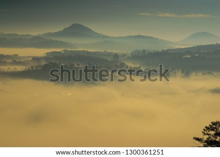 Beautyfull landscape of  Da Lat city, the moutain and pine hill in foggy 