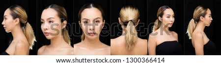 Asian Woman after applying make up hair style. no retouch, fresh face with acne, lips, eyes, cheek, nice smooth skin. Studio lighting dark background, for aesthetics therapy treatment