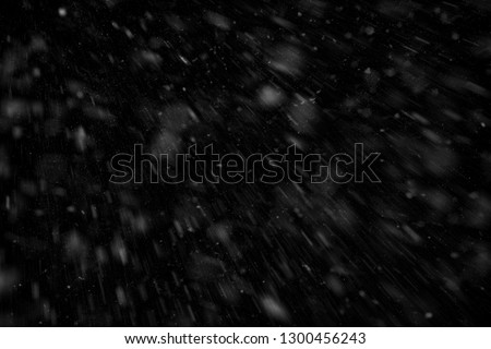 Abstract splashes of Rain and Snow Overlay Freeze motion of white particles on black background Royalty-Free Stock Photo #1300456243
