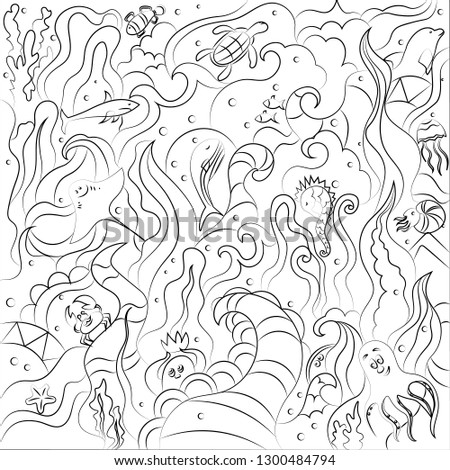 Abstract drawing in the style of doodling on the theme of sea inhabitants. Abstract hand drawing puzzle