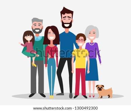 Big family vector illustration. Big family with children, parents, grandparents and pets. 