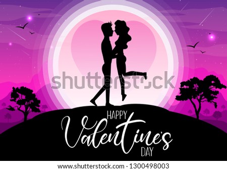 Happy valentine's day, silhouettes man and women sweet under the moonlight with pink heart. Romantic atmosphere