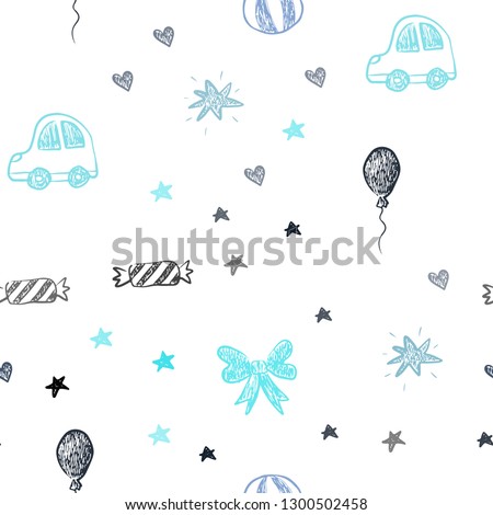 Dark BLUE vector seamless layout with new year gifts. Shining illustration with a toy car, heart, baloon, tulip, candy, ball. Template for new year postcards.
