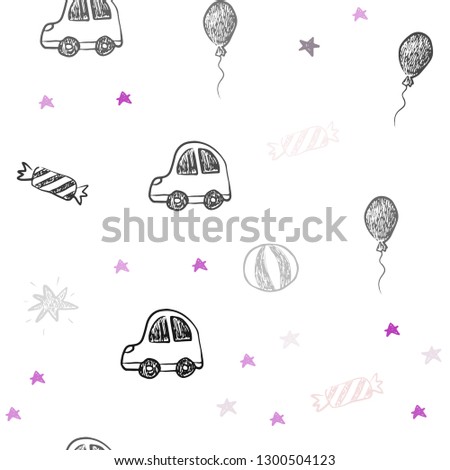 Dark Purple, Pink vector seamless template in carnival style. Illustration with a colorful toy car, baloon, candy, star, ball. Pattern for carnival, festival ads.