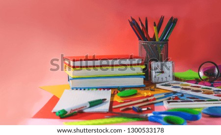 stationery accessories - pens, markers, paints, scissors, stickers, notepads.