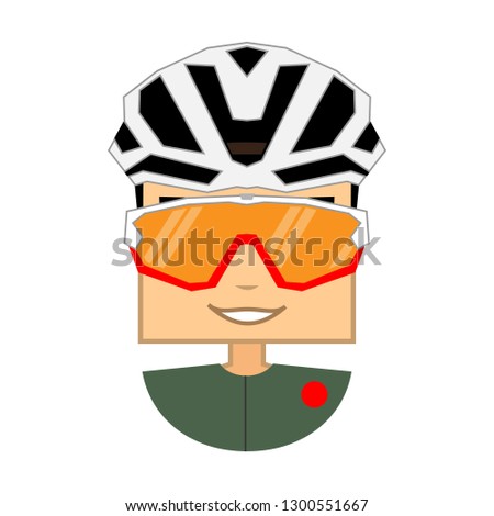 Cyclist with white helmet, sunglasses and green jersey. Flat style square head avatar. Vector illustration.