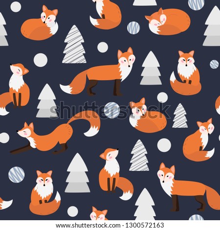 Seamless pattern with cartoon red foxes in forest, children vector illustration