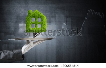 Closeup of waitress's hand in white glove presenting green plant in form of house sign on metal tray with business sketches on dark wall on background.