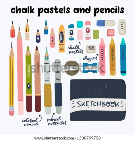 Chalk pastels and pensils art suppliers. Tools for sketching and drawing. Flat multicoloured clipart objects designed for store, workshop, set element, site etc. Vector illustration kit.