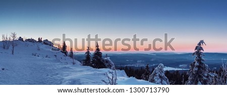 Mountain winter landscape panorama over the clouds with pine tree forest at colorful sunset twilight light. Hiking in the evening. Harz Mountains National Park in Germany