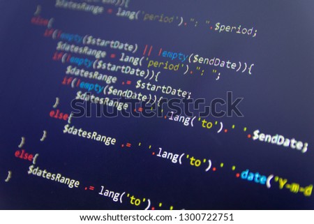 Modern web development background. Abstract pieces of PHP code of sale system.