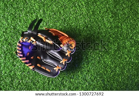 Baseball glove with green grass background