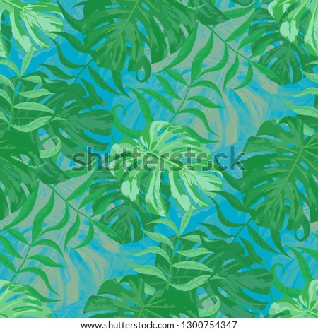 Palm Pattern. Green Seamless Pattern with Leaves of jungle Trees. Trendy Texture for, Curtain, Paper, Fabric. Tropical Palm Pattern.