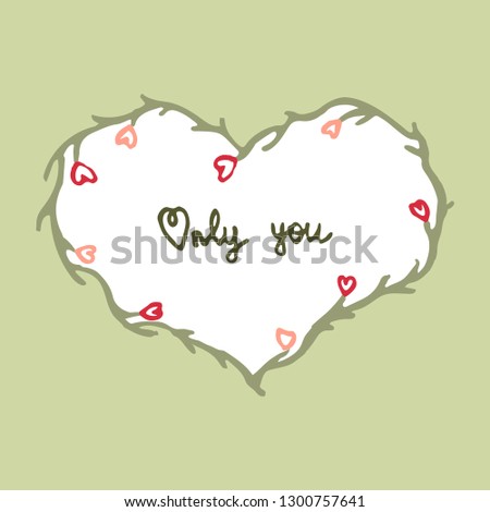Cute frame of green branches with flowers in the form of hearts on a pale green background. Vintage invitation, greeting card, congratulation.