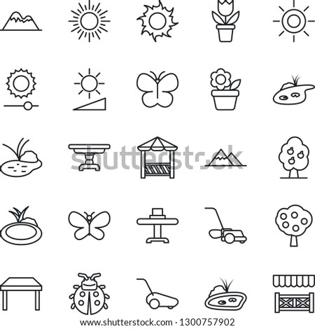 Thin Line Icon Set - sun vector, flower in pot, lawn mower, butterfly, lady bug, pond, brightness, fruit tree, mountains, table, restaurant, alcove