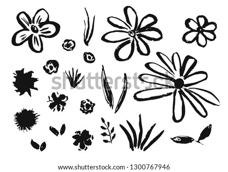 Set of hand drawn chinese ink flowers and grass. Sketch inky floral blossoms and leaves elements texture for pattern design, greeting card decoration, logo