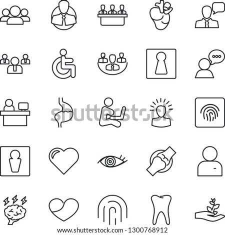 Thin Line Icon Set - male vector, female, team, brainstorm, manager place, heart, disabled, stomach, real, tooth, eye, joint, client, speaker, user, fingerprint id, company, meeting, group