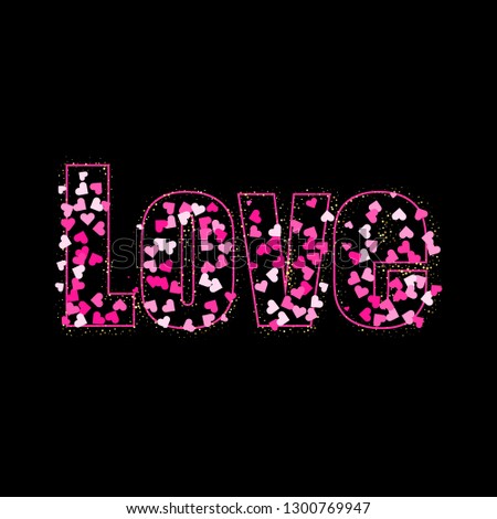 
Dark background with text.Red hearts and golden glitter of particles.