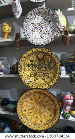 colorful Handmade pottery at artisan market,Art of pottery , Pottery is the ceramic material -Morocco.