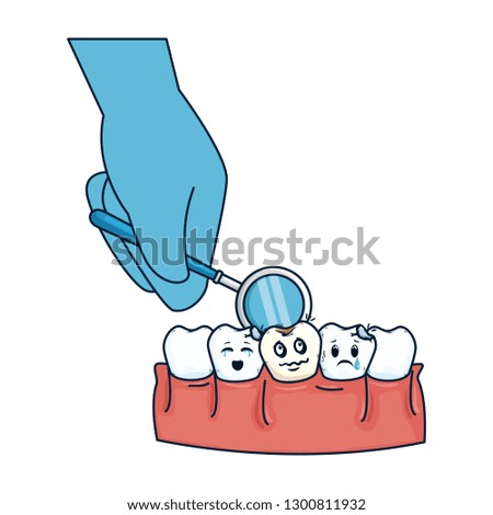 comic teeth with dentist hand using mirror