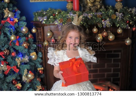 portrait of a little girl princess in a crown in a white Christmas dress with a box with a gift in her hands