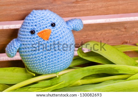 easter and spring decoration with chick and tulip flowers