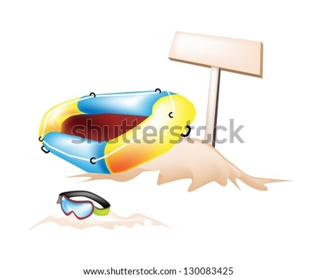 An Illustration of Wooden Sign Board with Two Inflatable Rings or Inner Tubes and Scuba Mask on The Summer Beach