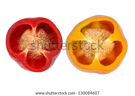 halved, sliced, red  and yellow bell pepper with seed visible, isolated on white background
