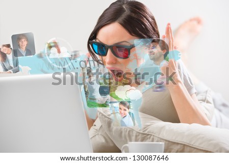 Pretty woman surfing on web with modern laptop