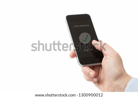 online shopping e-commerce and cashless pay. Man with smarthphone isolated, white background
