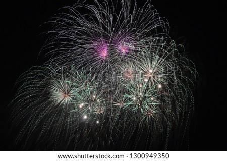 Bright beautiful colorful Fireworks with a dark black background, firework lights in the night sky. holiday Festive firework concept