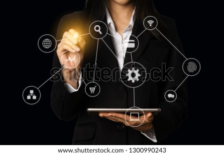 Digital marketing media  in virtual icon globe shape business open his hand, working touch screen tablet.