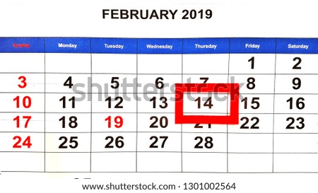 Valentine's day concept calendar with red mark on 14 February. 