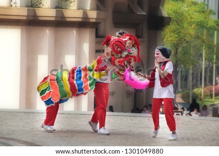 Lion dance costume show during ceremony of Chinese new year celebration